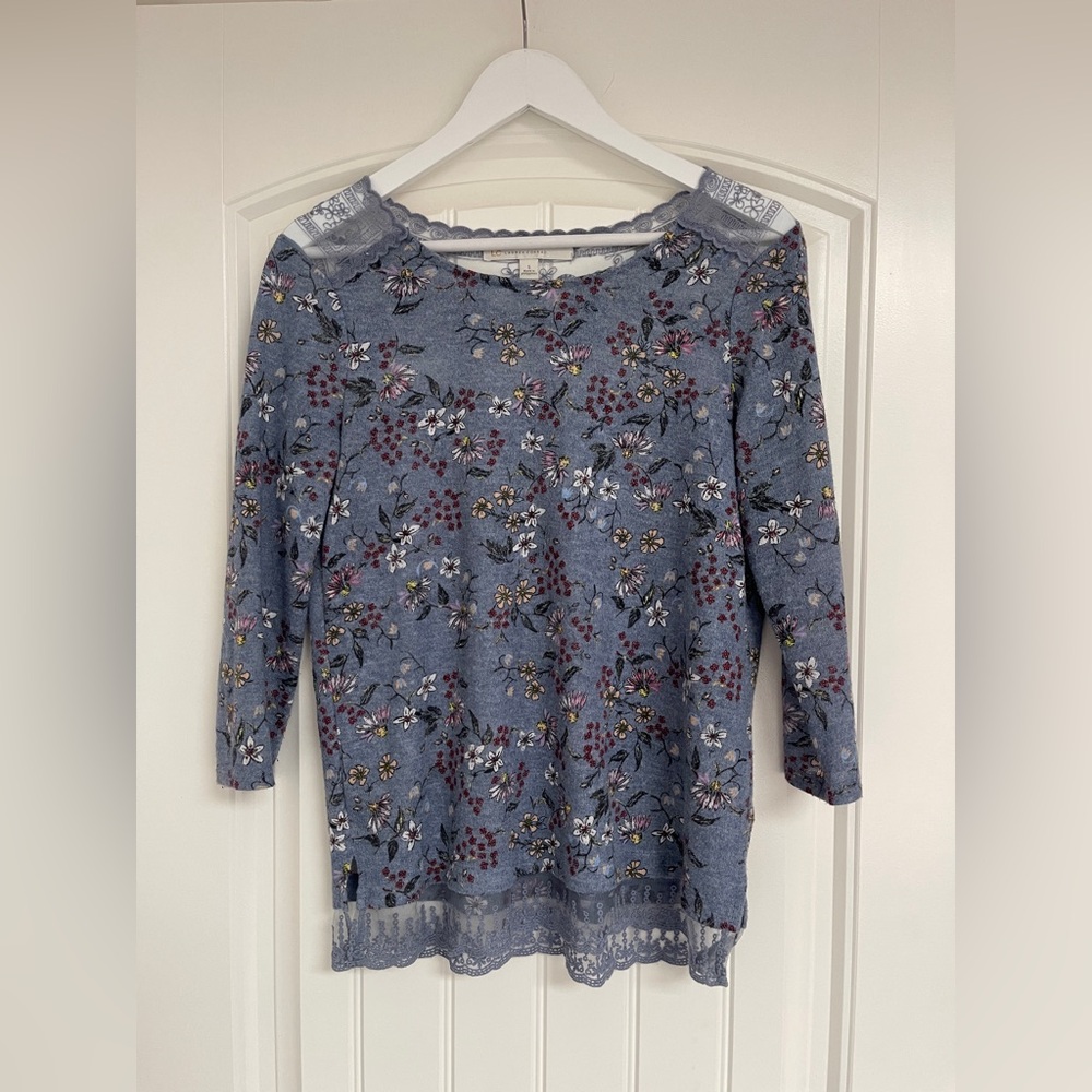 LC Lauren Conrad Floral Lace Trim Top - Blue and Multicolor